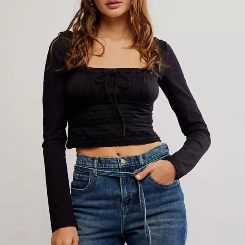 Free People Black Lace Trim Long Sleeve Crop Top Tie Front Boho Size Small